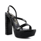 Rag Company elegant high heeled sandals in black with crocodile texture and chunky heel