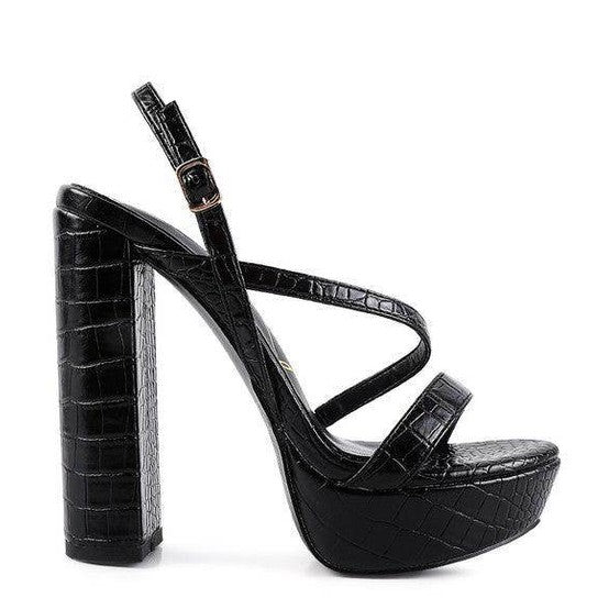 Elegant high heeled sandals by Rag Company in black with a stylish crocodile texture