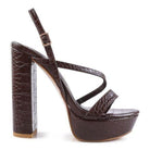 Rag Company elegant high heeled sandals in dark brown with a crocodile texture and a chunky platform heel