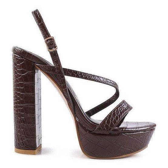 Rag Company elegant high heeled sandals in dark brown with a crocodile texture and a chunky platform heel