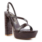 Rag Company elegant high heeled sandals in brown croc print with a chunky platform design