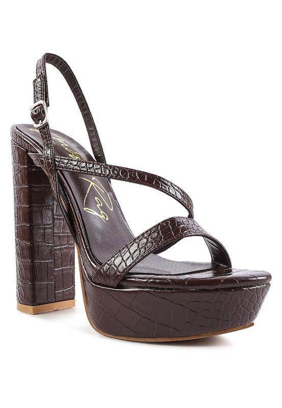 Rag Company elegant high heeled sandals in brown croc print with a chunky platform design