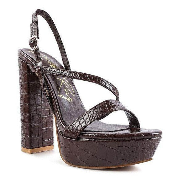 Rag Company elegant high heeled sandals in brown croc print with a chunky platform design