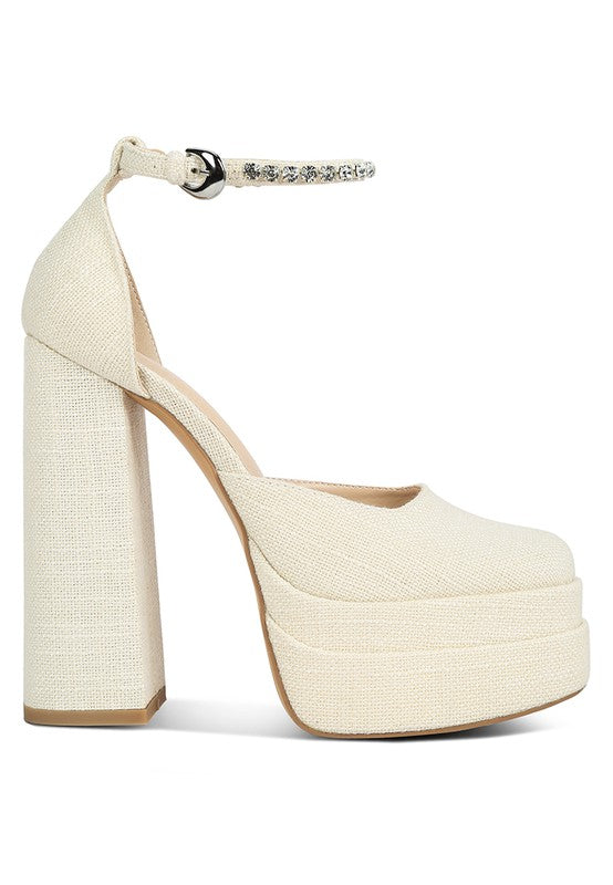 Rag Company embellished ankle strap heels in beige linen perfect for stylish occasions