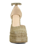 Women's gold embellished ankle strap heels for glamorous evening wear