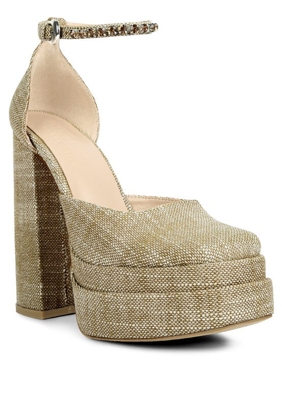 Women's embellished ankle strap heels in gold for elegant occasions