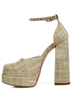 Rag Company embellished ankle strap heels in gold fabric for elegant events