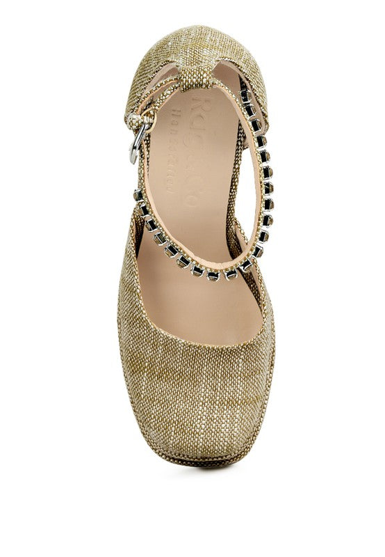 Women's embellished ankle strap heels in gold, perfect for evening wear