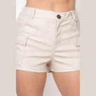VacationGrabs faux leather cargo shorts women in beige with front pockets and button closure
