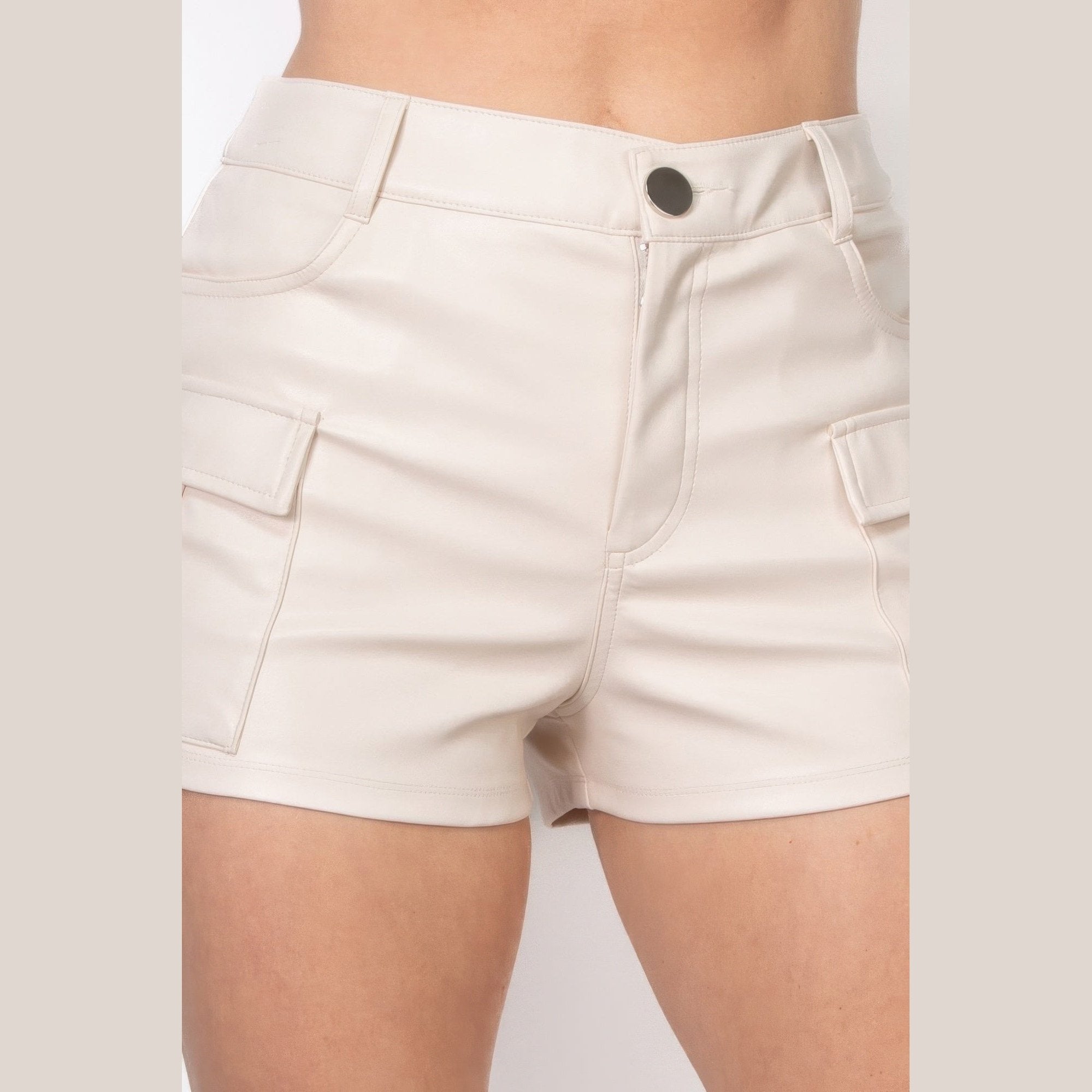 VacationGrabs faux leather cargo shorts women in beige with front pockets and button closure