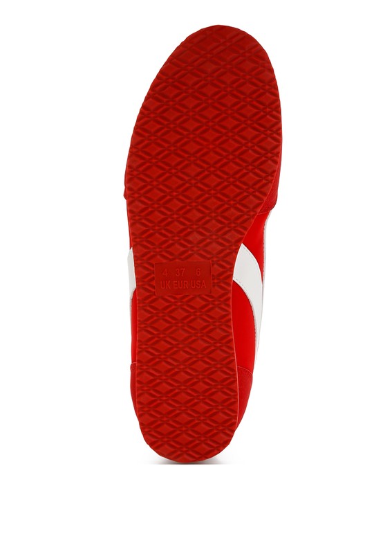 red faux leather lace-up sneakers, stylish and comfortable