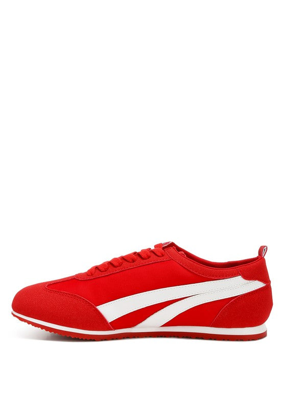 Red faux leather lace-up sneakers for stylish everyday wear