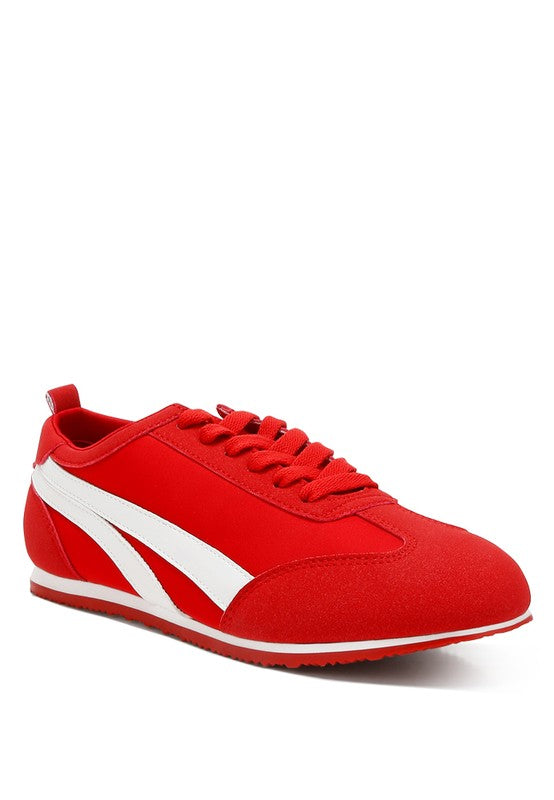 Red faux leather lace-up sneakers for casual wear