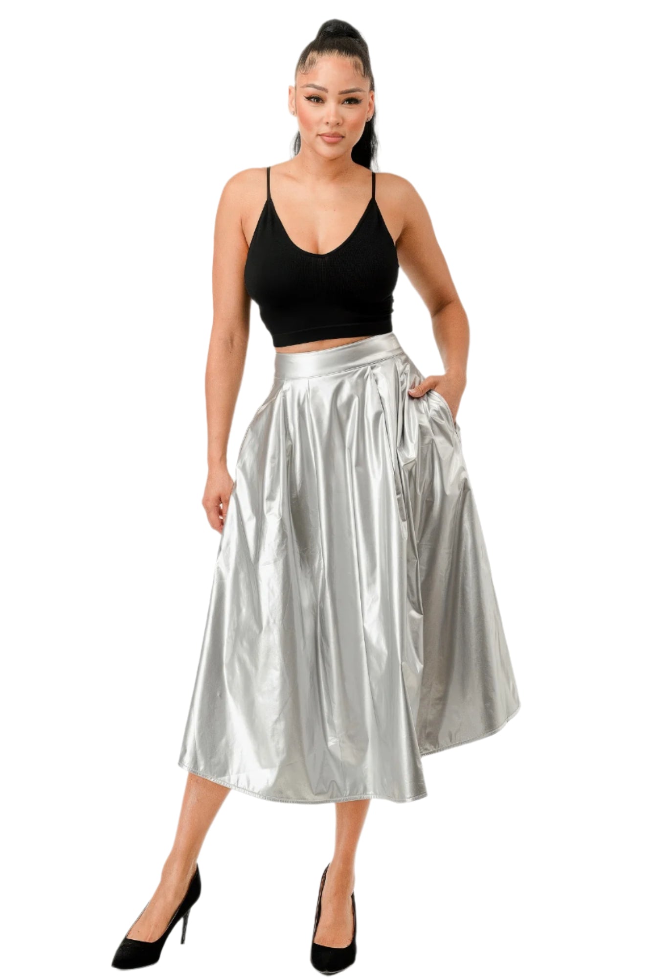 VacationGrabs flowy midi skirt with pockets in silver worn by woman with black top and heels