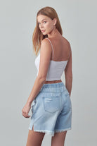 Denim Lab USA women's light blue frayed hem drawstring jean shorts styled with white tank top