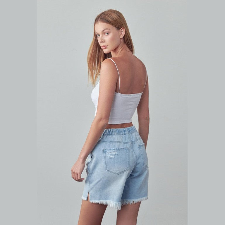 Denim Lab USA women's light blue frayed hem drawstring jean shorts styled with white tank top
