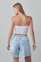 Denim Lab USA women's frayed hem drawstring jean shorts in light blue with back pockets