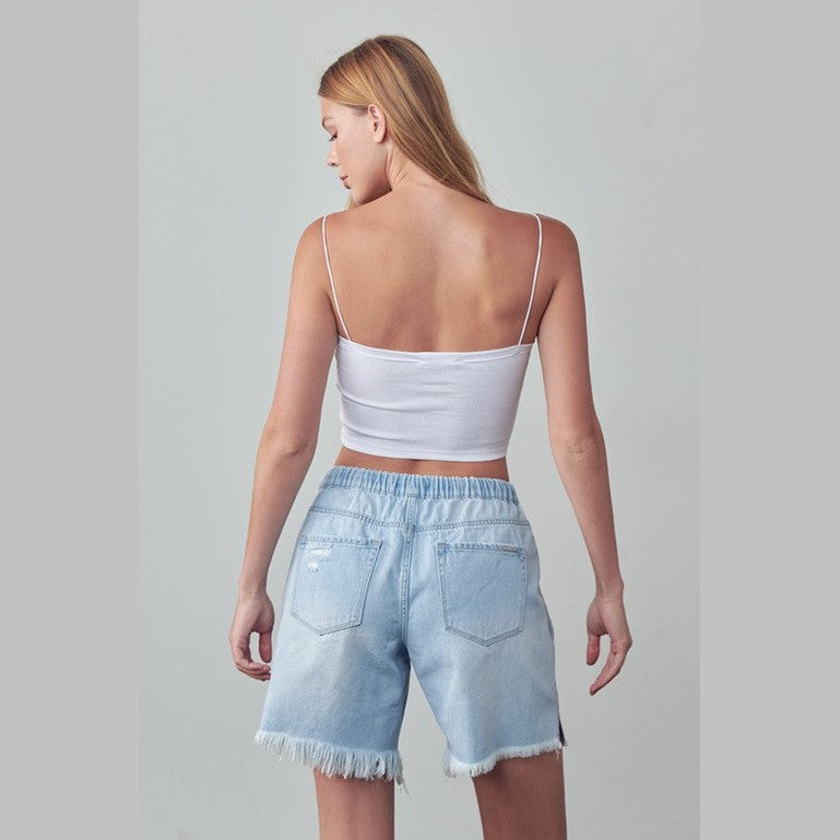 Denim Lab USA women's frayed hem drawstring jean shorts in light blue with back pockets