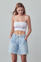 Denim Lab USA women's frayed hem drawstring jean shorts in light blue denim