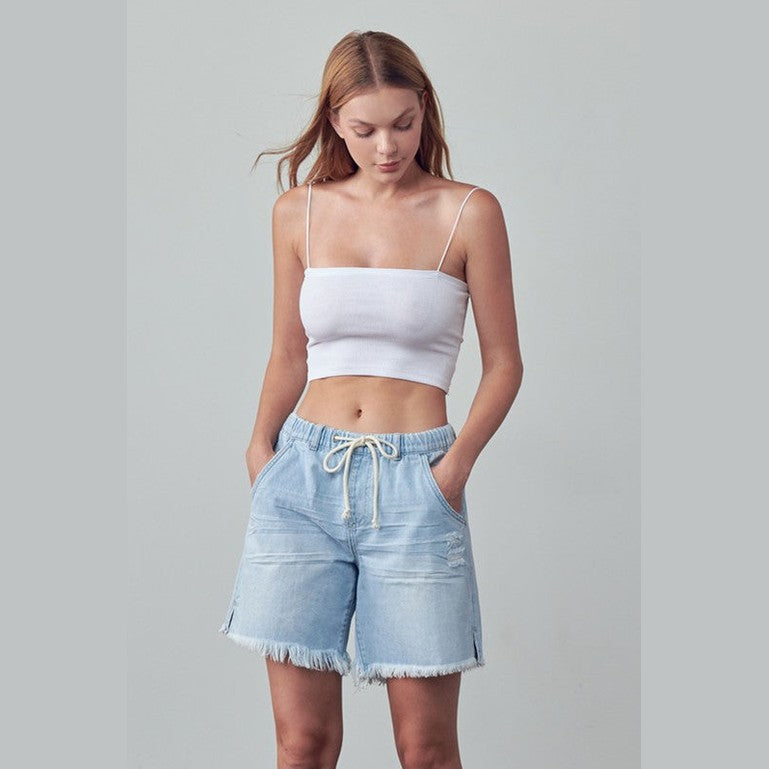 Denim Lab USA women's frayed hem drawstring jean shorts in light blue denim