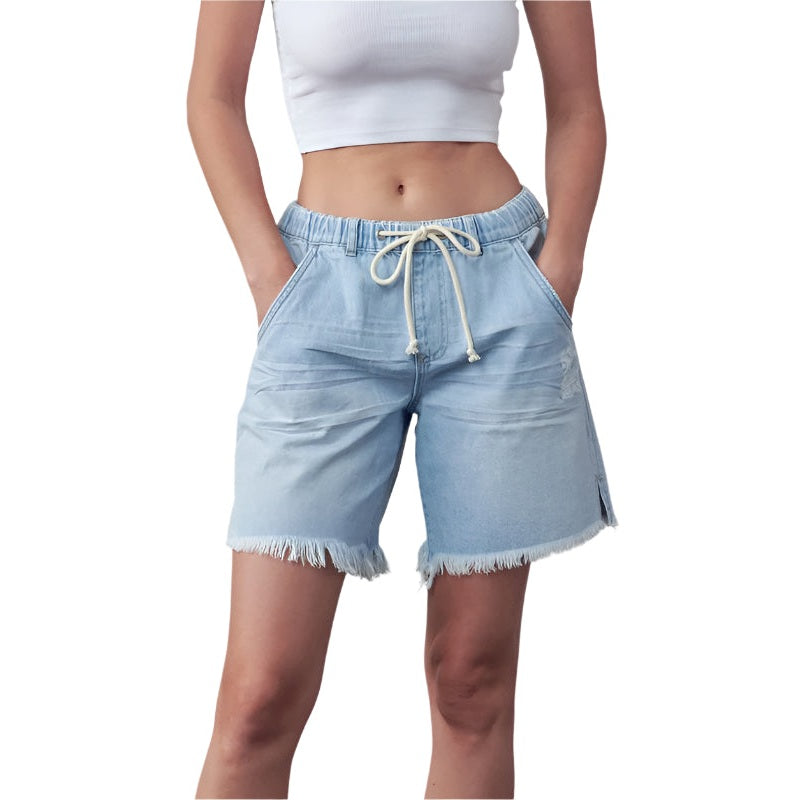 Denim Lab USA women's frayed hem drawstring jean shorts in light blue with pockets