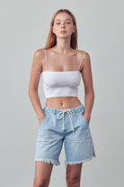 Denim Lab USA women's light blue frayed hem drawstring jean shorts with pockets