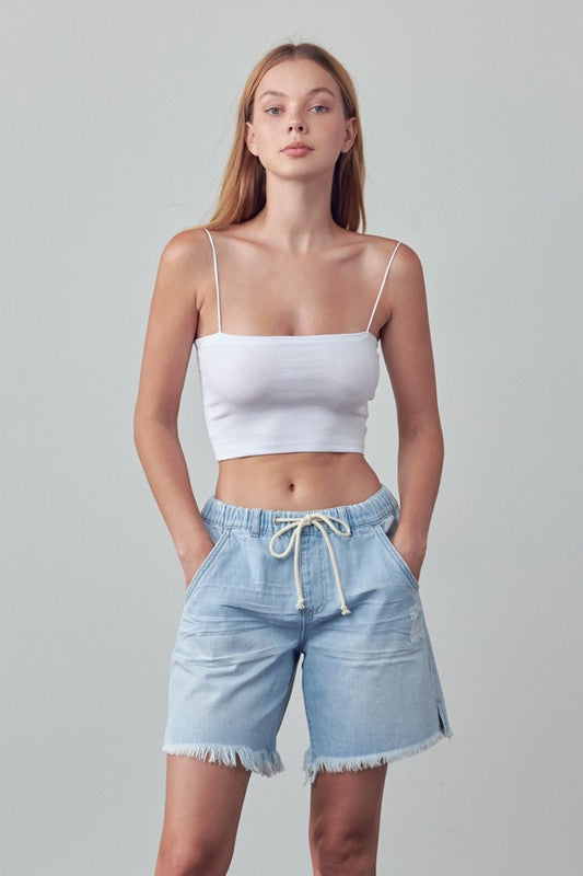 Denim Lab USA women's light blue frayed hem drawstring jean shorts with pockets