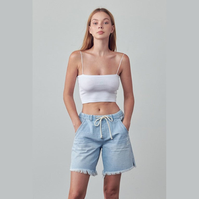Denim Lab USA women's light blue frayed hem drawstring jean shorts with pockets