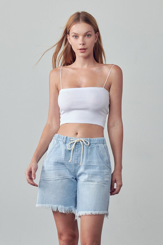 Denim Lab USA women's frayed hem drawstring jean shorts in light blue with distressed details