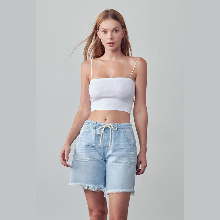 Denim Lab USA women's frayed hem drawstring jean shorts in light blue with distressed details
