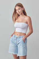 Denim Lab USA women's frayed hem drawstring jean shorts in light wash with distressed details