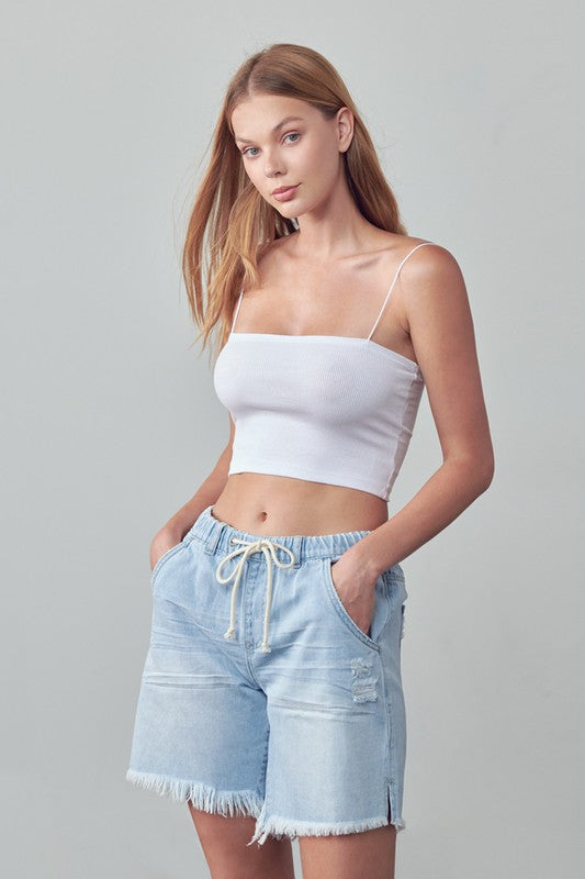 Denim Lab USA women's frayed hem drawstring jean shorts in light wash with distressed details