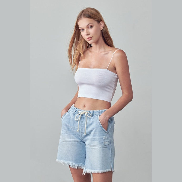 Denim Lab USA women's frayed hem drawstring jean shorts in light wash with distressed details