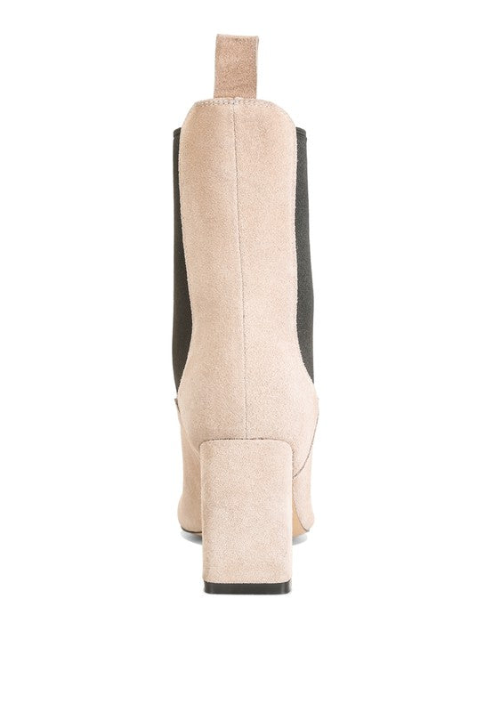 Rag Company Gaven suede boots with a block heel and sleek design in beige and black colors