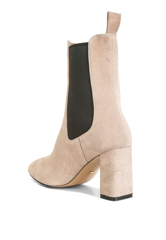 Gaven suede boots in neutral color featuring a block heel and elastic side panels for easy wear