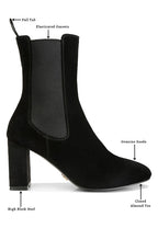 Rag Company Gaven suede boots with high block heel and closed almond toe for stylish comfort