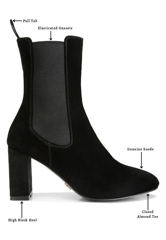 Rag Company Gaven suede boots with high block heel and closed almond toe for stylish comfort