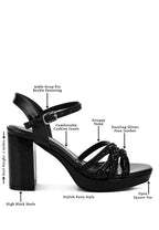 Women's glitter strappy block sandals, stylish black faux leather for parties