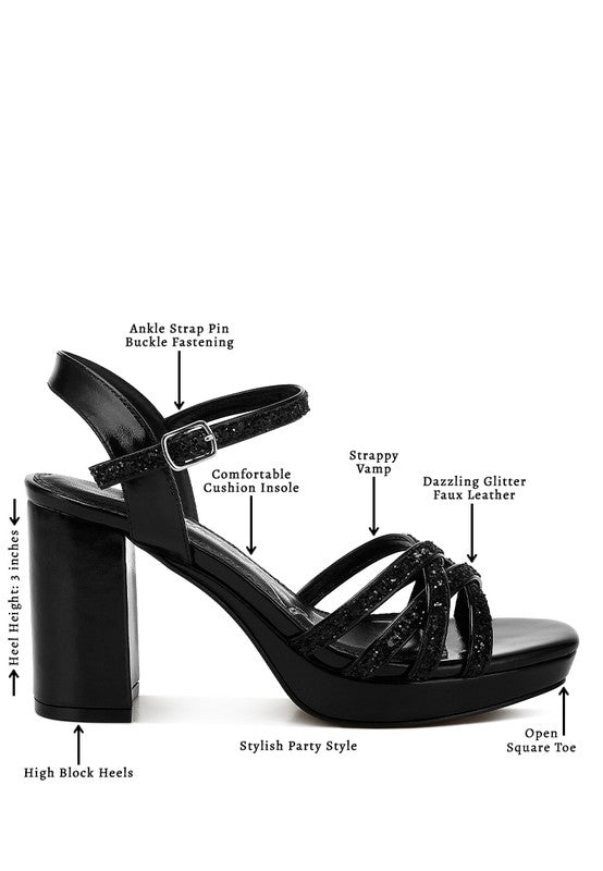 Women's glitter strappy block sandals, stylish black faux leather for parties