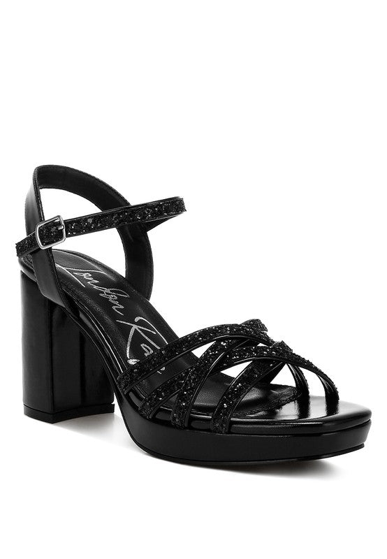 Women's black glitter strappy block sandals for stylish evening wear