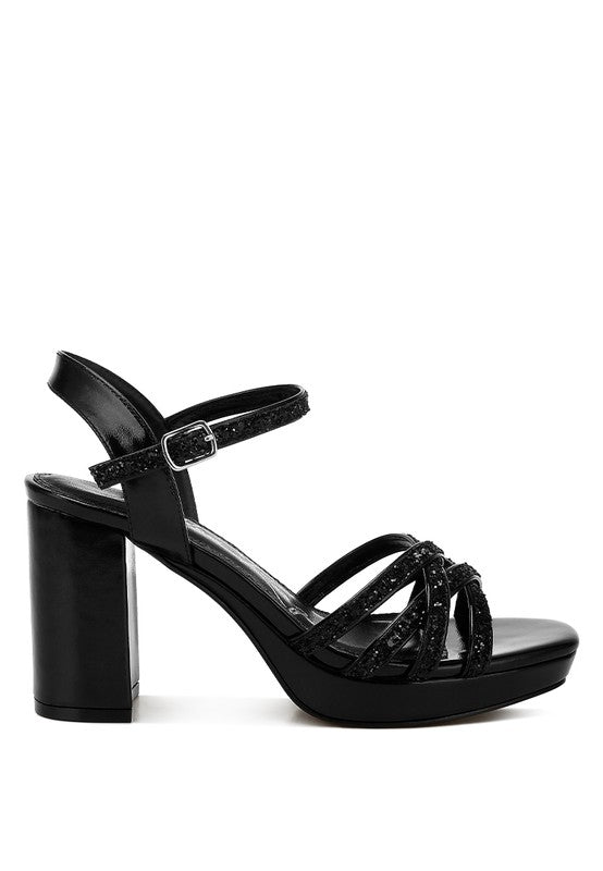 Women's black glitter strappy block sandals for stylish occasions