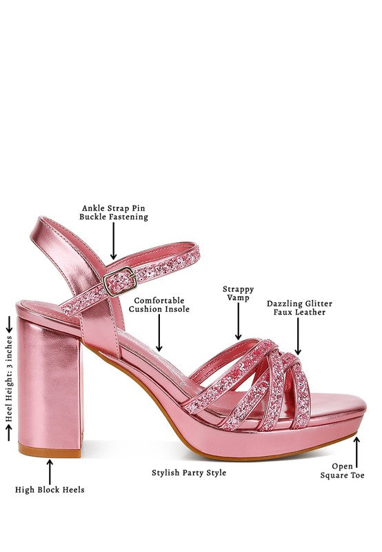 Women's pink glitter strappy block sandals, stylish party shoes with high heels