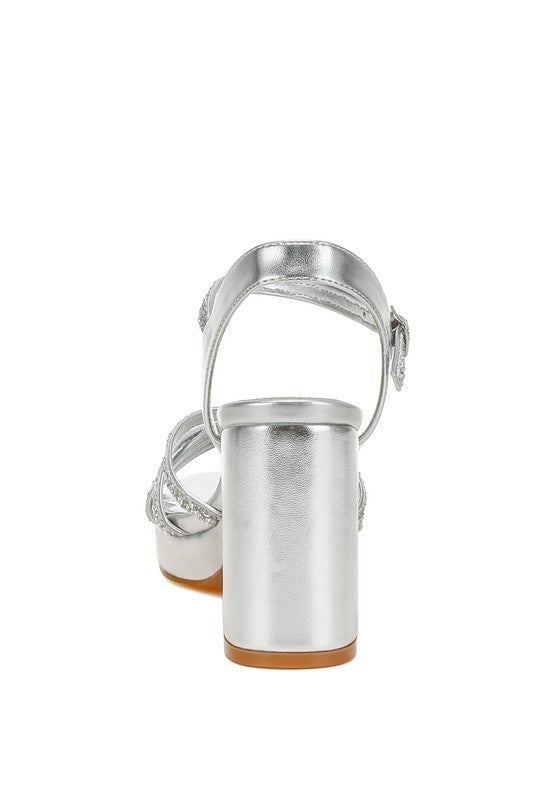Silver glitter strappy block sandals for stylish women's occasions