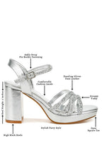 Women's glitter strappy block sandals in silver, perfect for party events