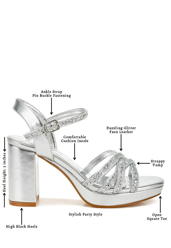 Women's glitter strappy block sandals in silver, perfect for party events