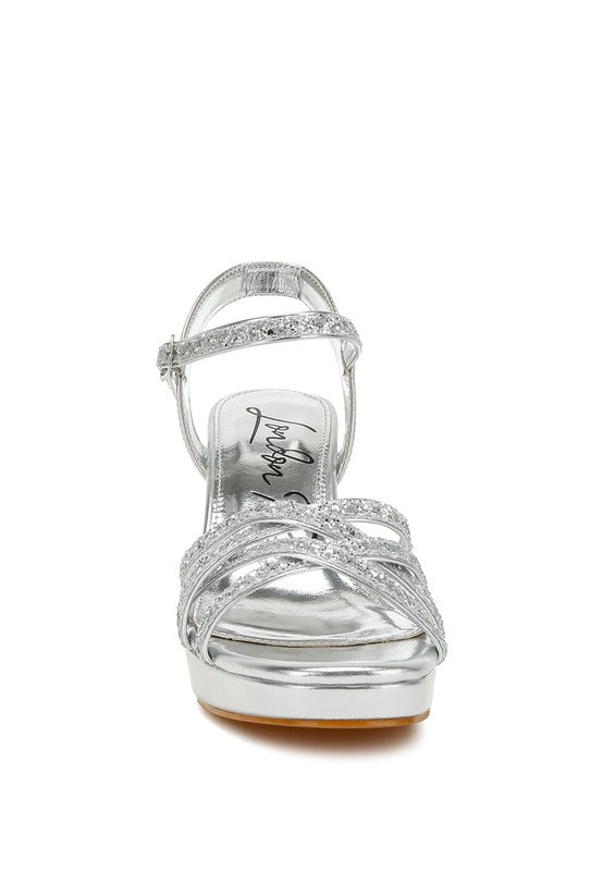Women's glitter strappy block sandals, silver, perfect for evening events