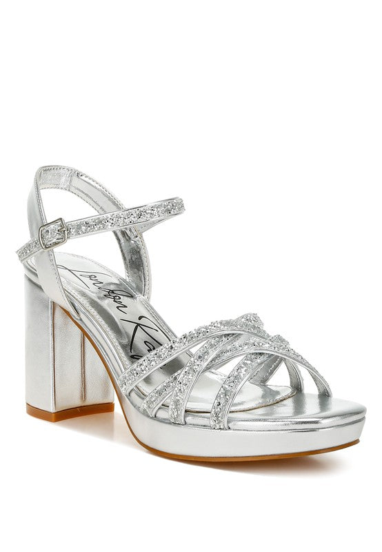 Women's glitter strappy block sandals in silver, perfect for special occasions
