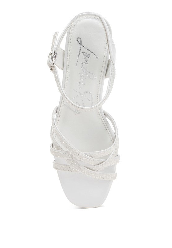 Women's glitter strappy block sandals in white for stylish occasions