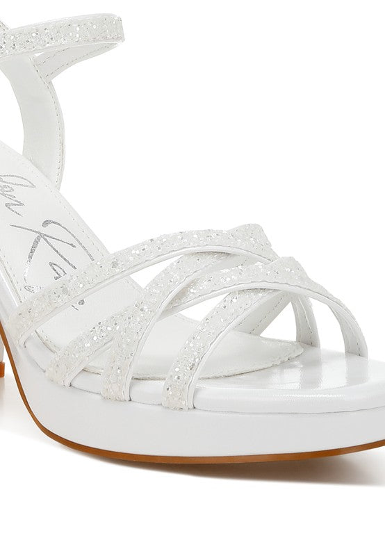 Women's glitter strappy block sandals in white for elegant occasions