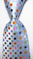 VacationGrabs gold green necktie set featuring colorful polka dots on a silver background
